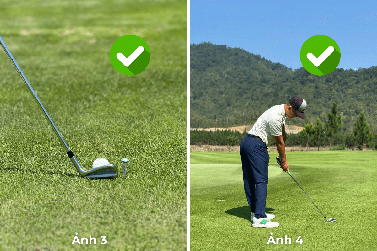 Bước 1 (Ảnh 3): Đặt một chiếc tee cao su lên thảm tập, sau đó đặt bóng cách tee một khoảng bằng đường kính của một quả bóng golf. Sau đó, đặt đầu gậy sắt tại tư thế chuẩn bị sao cho gần chạm vào tee.